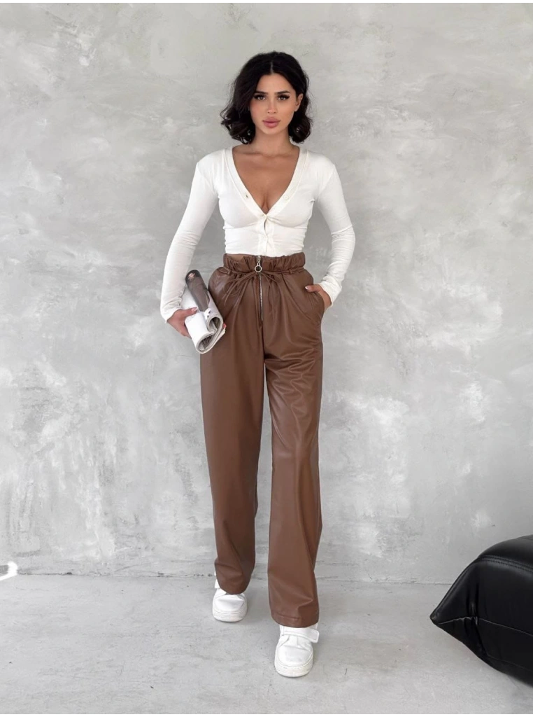 Kendinden ince kemerli deri pantolon kahve t1178