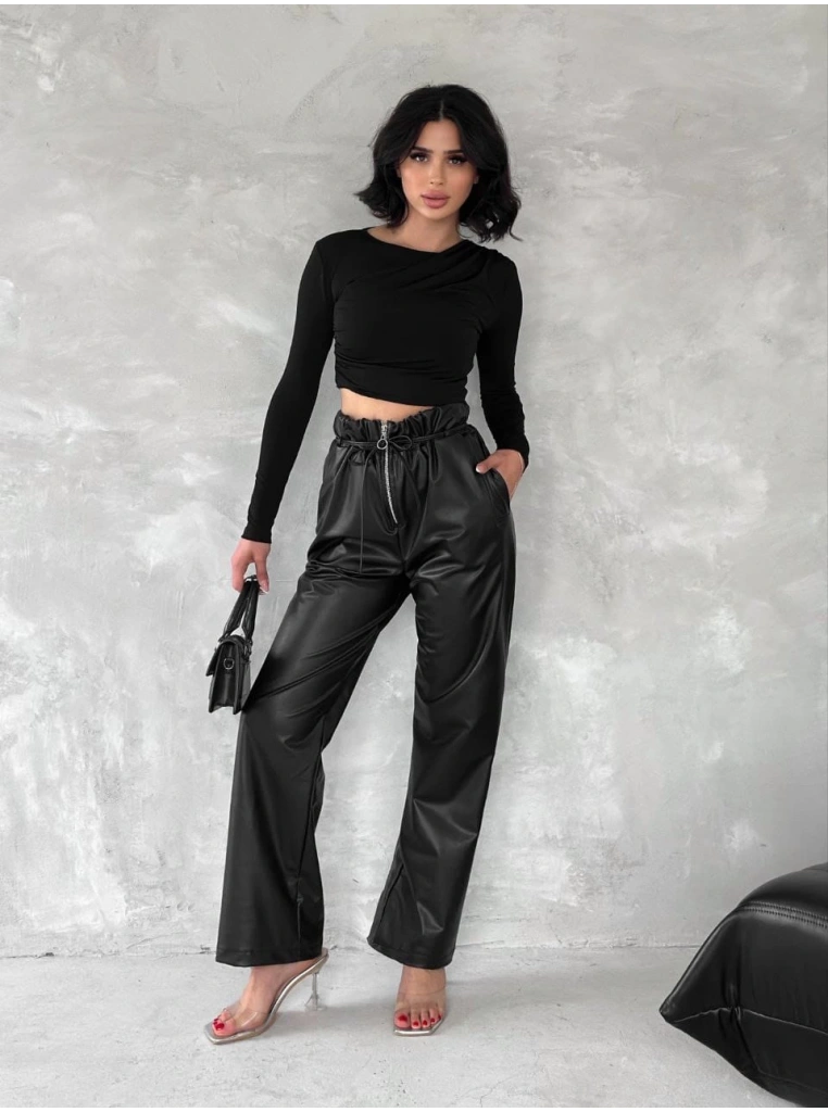 Kendinden ince kemerli deri pantolon siyah t1178