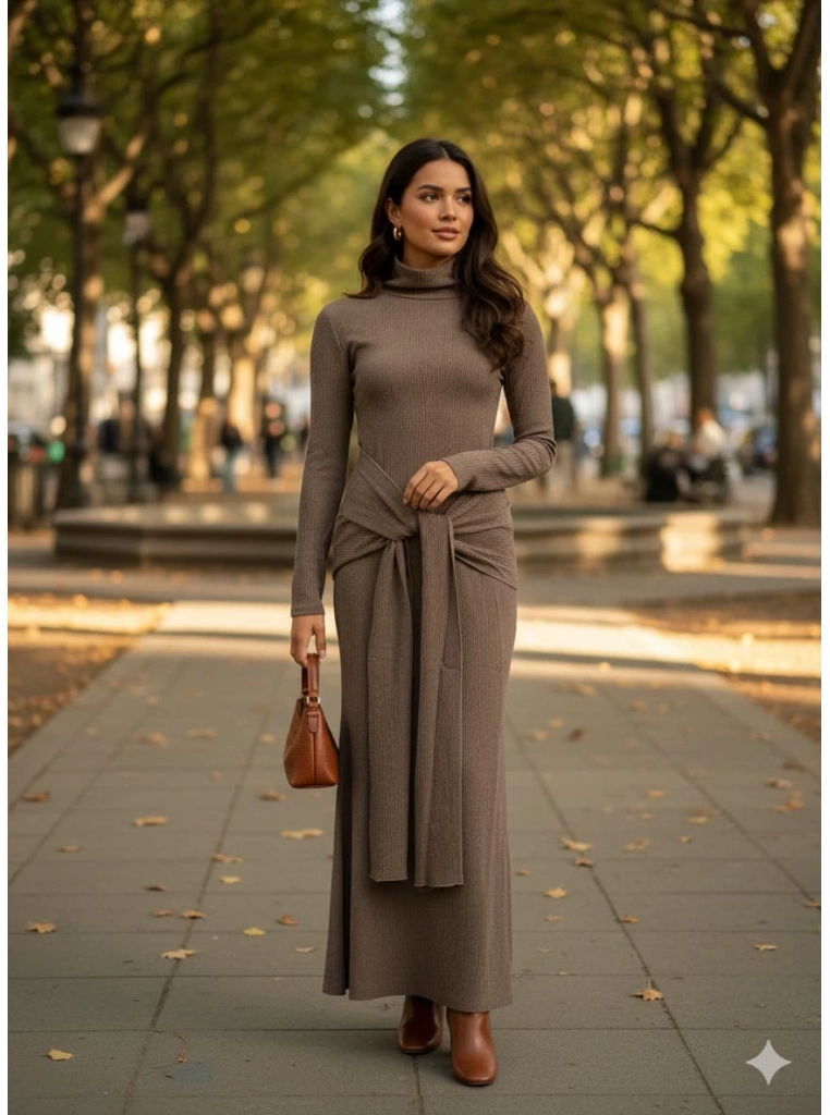 Kendinden kemerli uzun elbise vizon