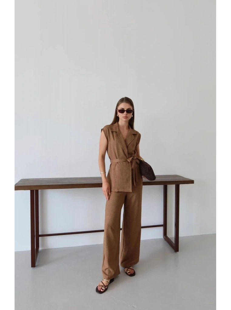 Keten yelek pantolon takım kahve pt