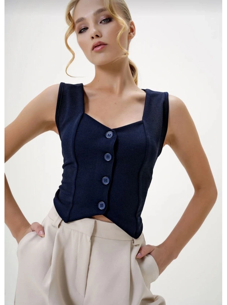 Krep kumaş düğmeli yelek lacivert s3395