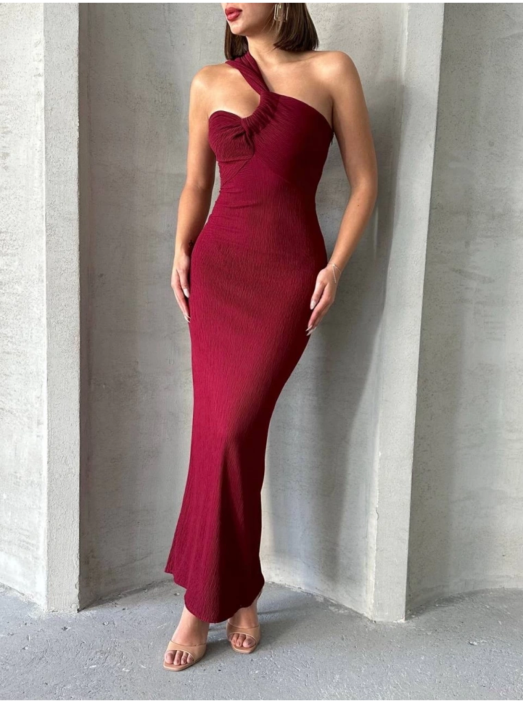 Krinkıl tek omuz uzun elbise bordo s25455