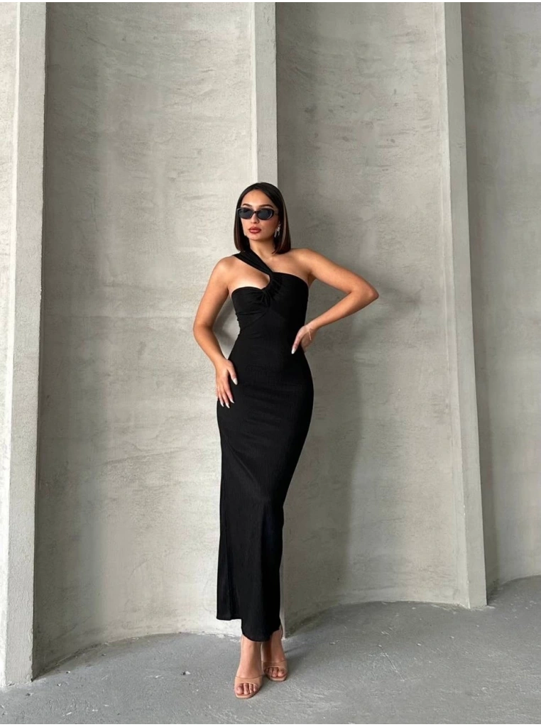 Krinkıl tek omuz uzun elbise siyah s25455