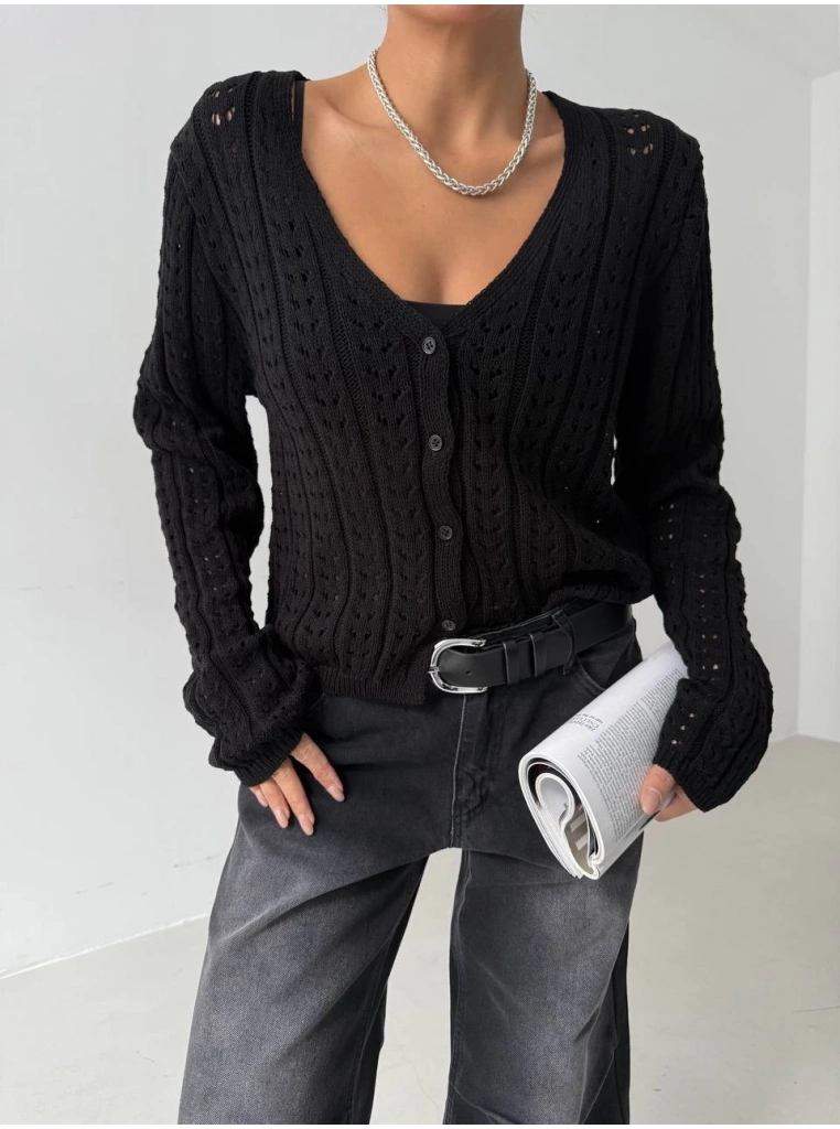 Küçük düğmeli küçük örgülü triko hırka siyah