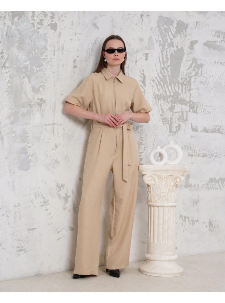Kuşaklı gömlek yaka salaş tulum bej s255822
