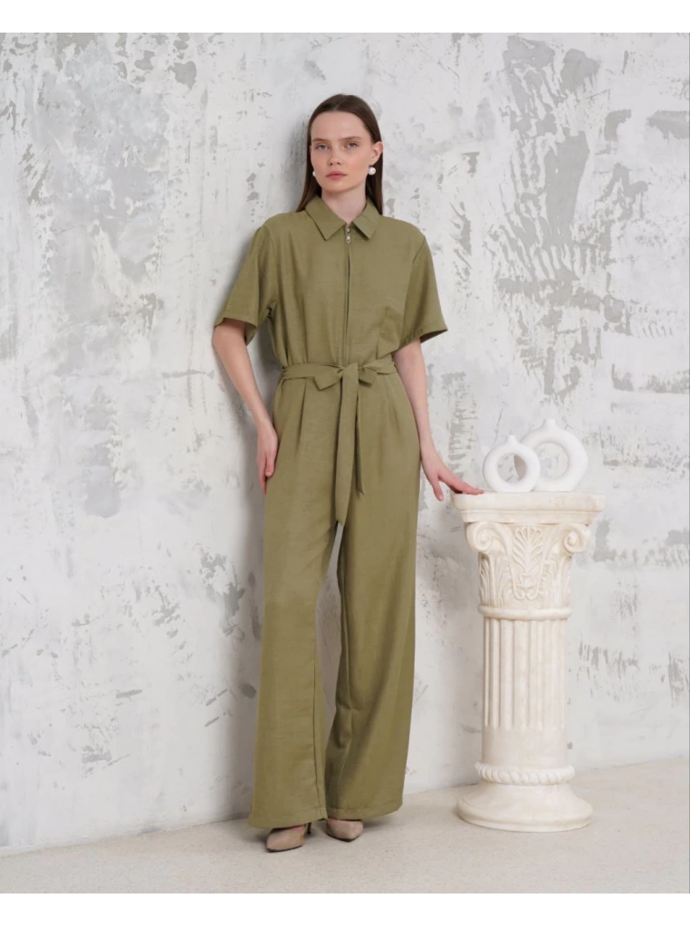 Kuşaklı gömlek yaka salaş tulum haki s255822