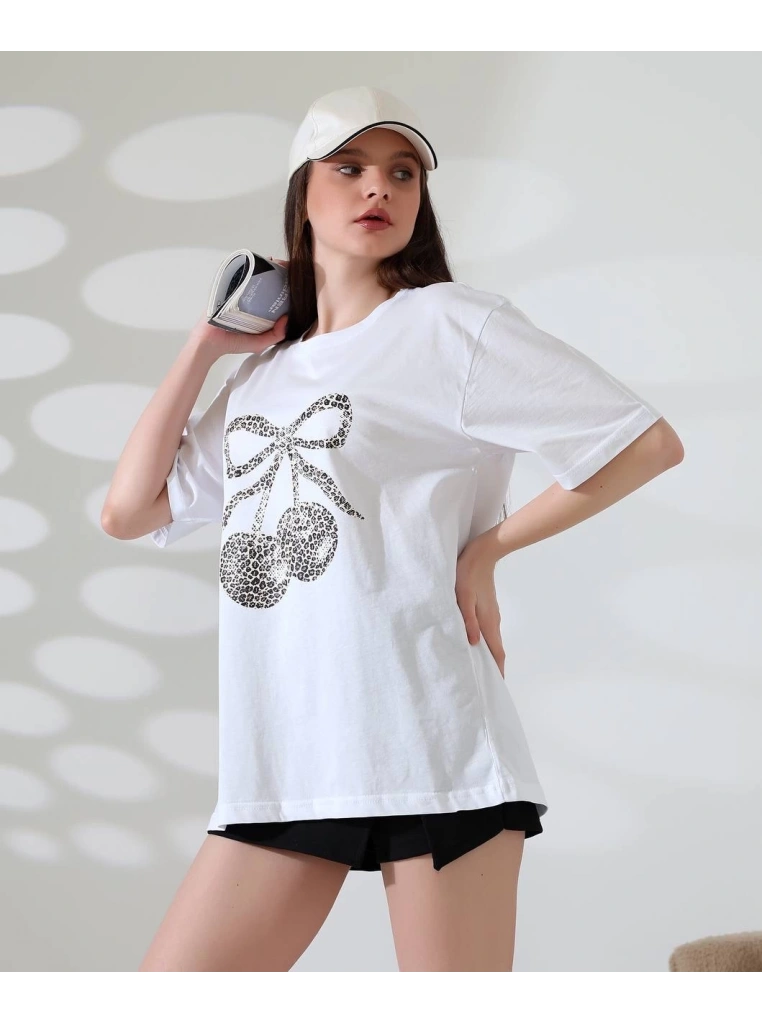 Leopar desenli kiraz baskılı tişört