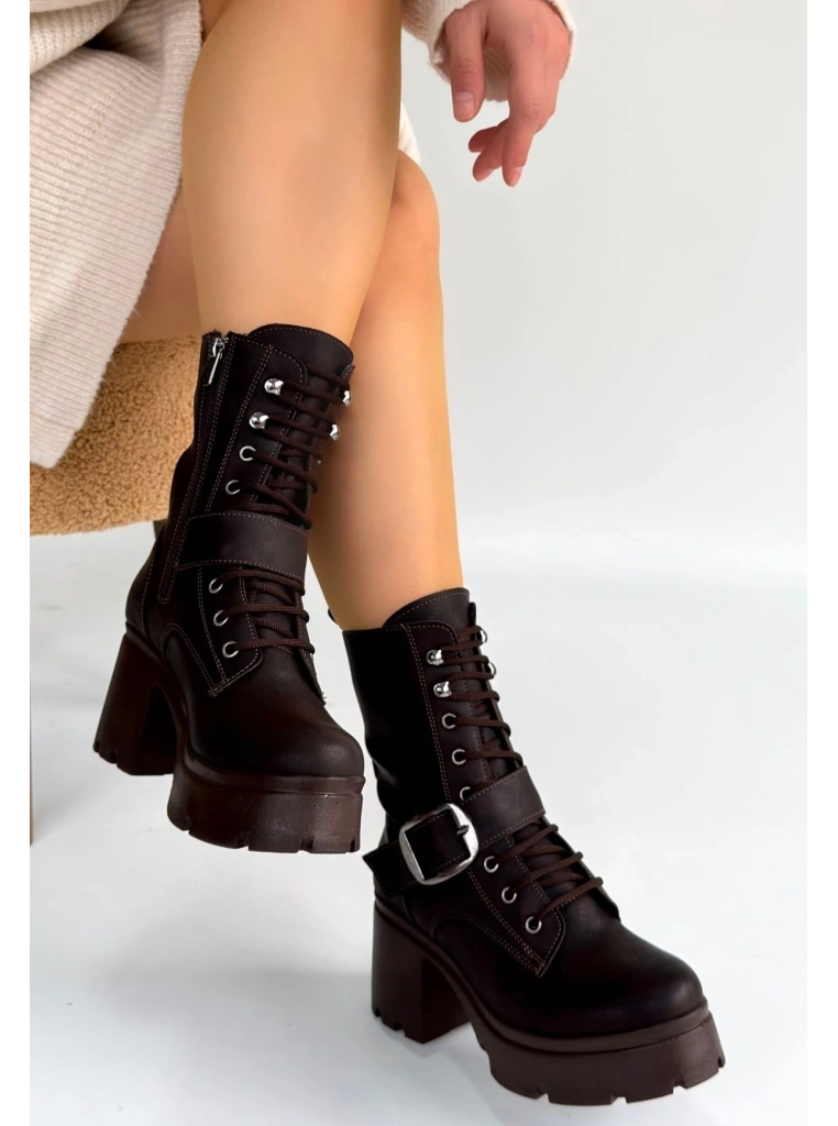 Linma Acı Kahve Cilt Bağcıklı Topuklu Bot