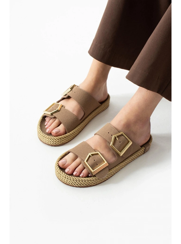 Loera Vizon Nubuk Çift Tokalı Terlik