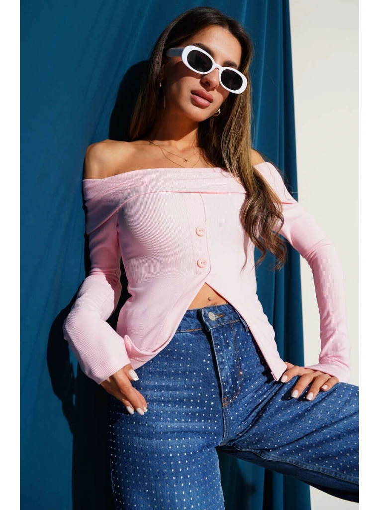 Madonna Yaka Düğmeli Bluz pembe t4329
