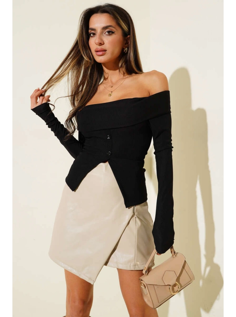 Madonna Yaka Düğmeli Bluz siyah t4329