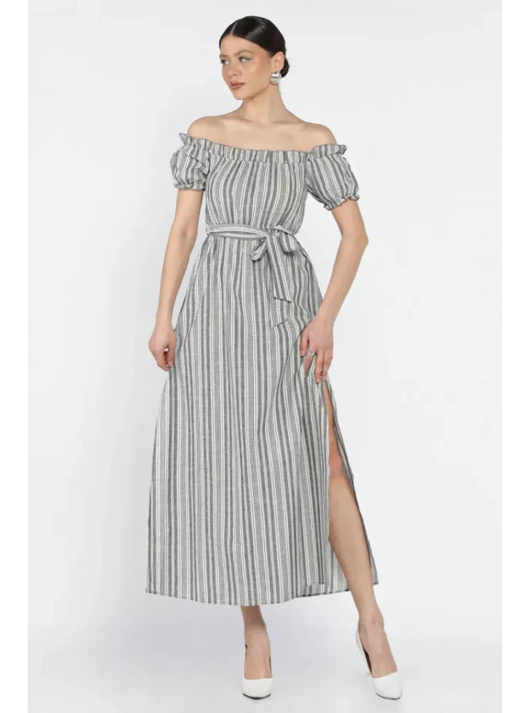 Madonna yaka midi yırtmaçlı kuşaklı keten elbise