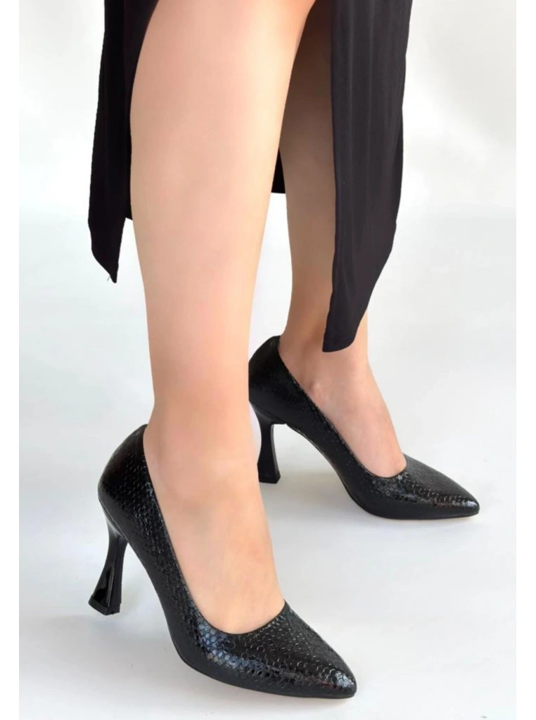 Merio Siyah Baskılı Rugan Topuklu Ayakkabı