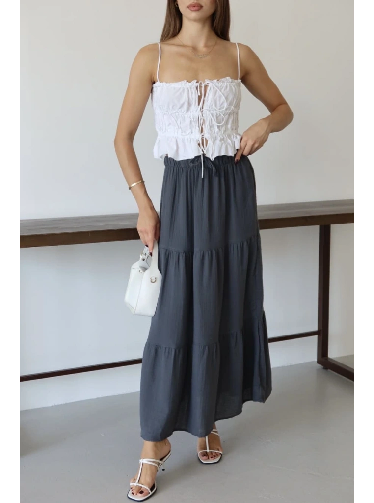 Müslin kumaş keten uzun etek antrasit pt