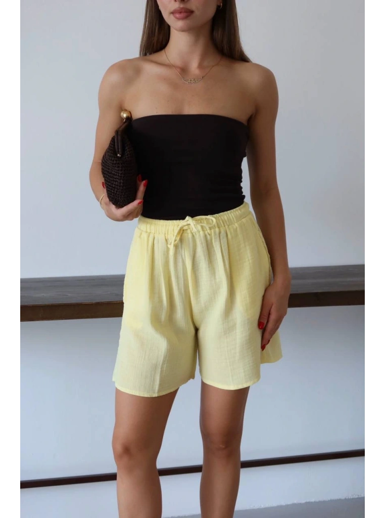Müslin kumaş şort bağcıklı sarı pt