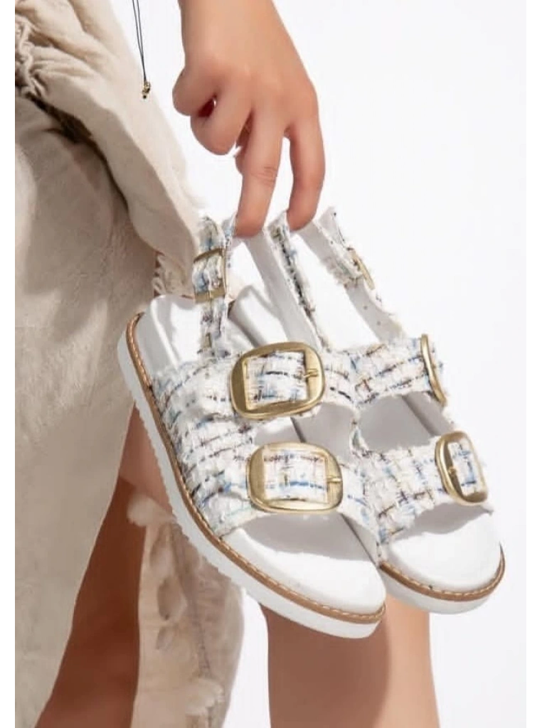 Olira Beyaz Simli Kemerli Sandalet