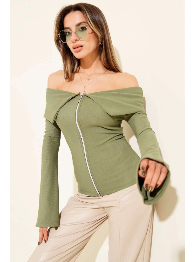 Omzu Açık Fermuarlı Bluz haki T4330