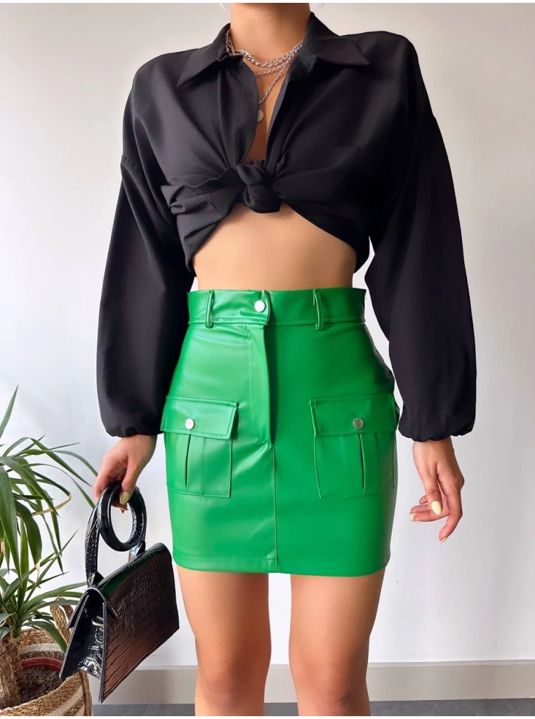 Önden iki cepli deri etek yeşil h240040