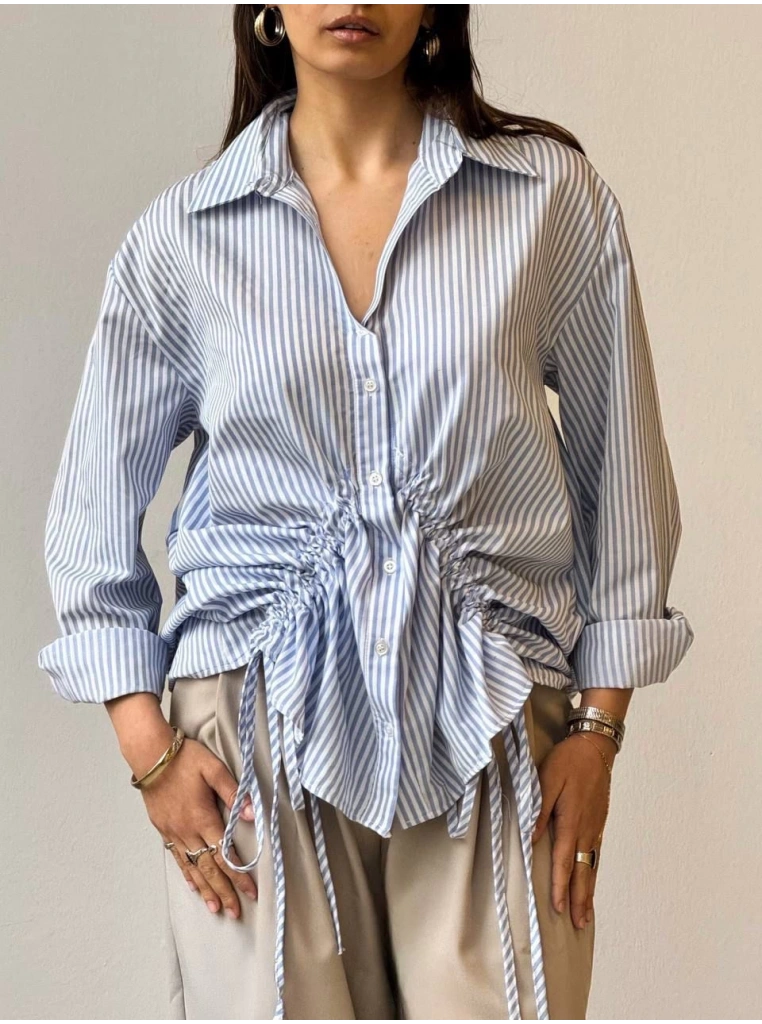 Önü büzgü detaylı çizgili gömlek