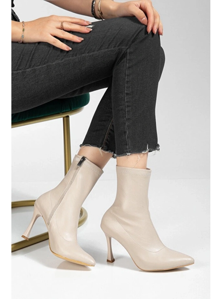 Orjen Bej Cilt Streç Topuklu Bot