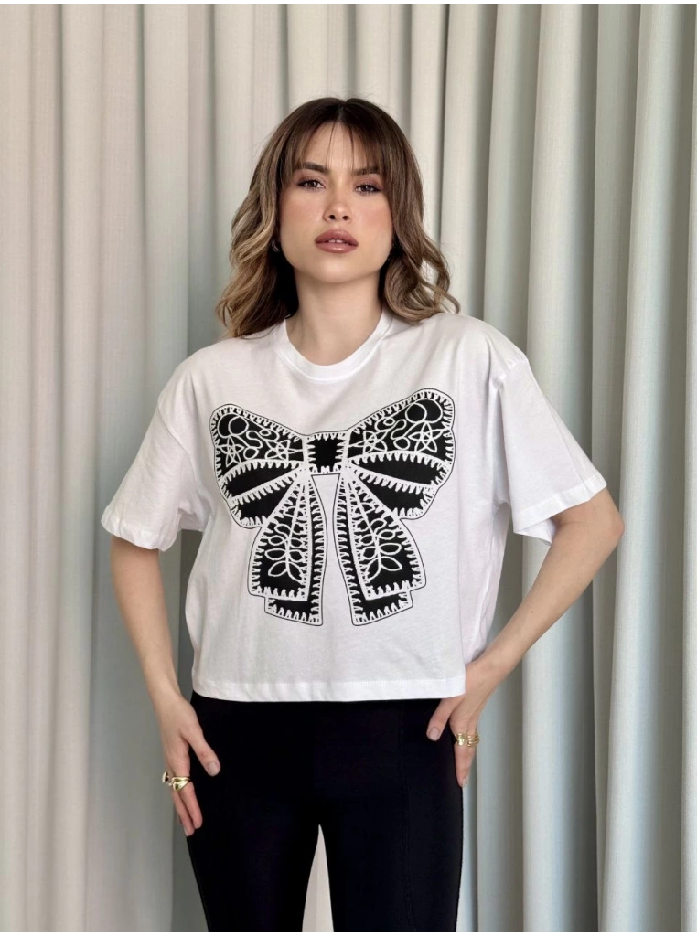 Oversize Beyaz baskılı crop tişört