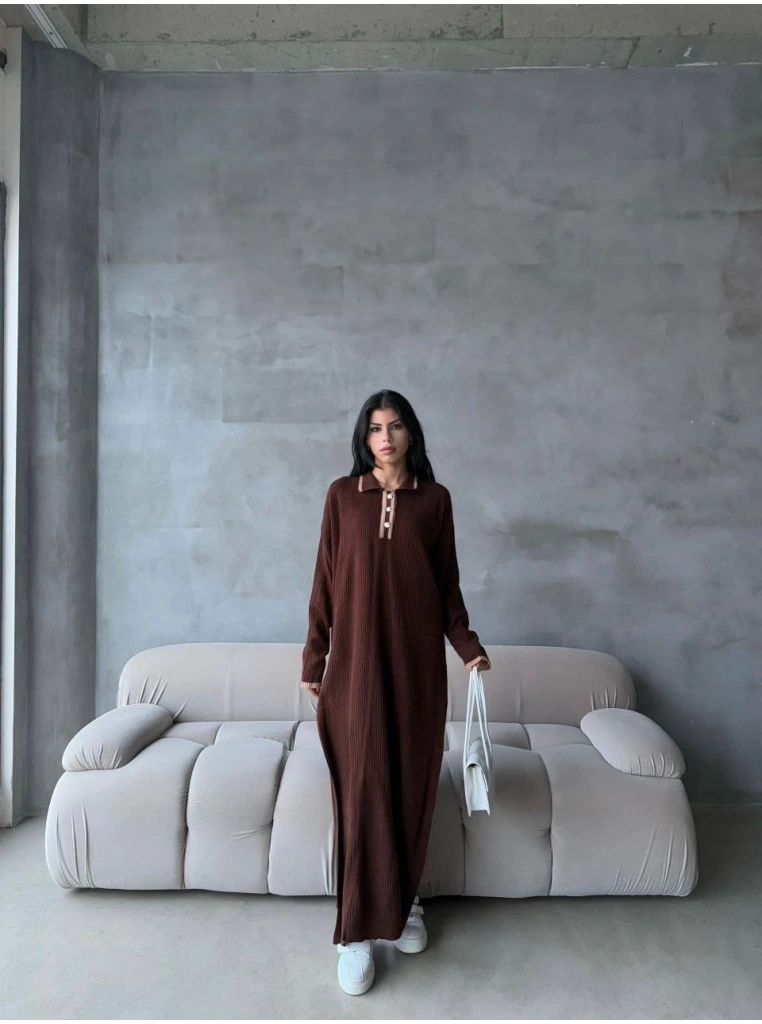 Pantolon yırtmaçlı elbise ikili triko takım kahve elf