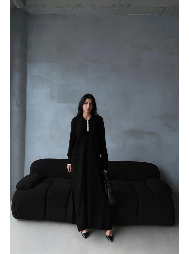 Pantolon yırtmaçlı elbise ikili triko takım siyah elf