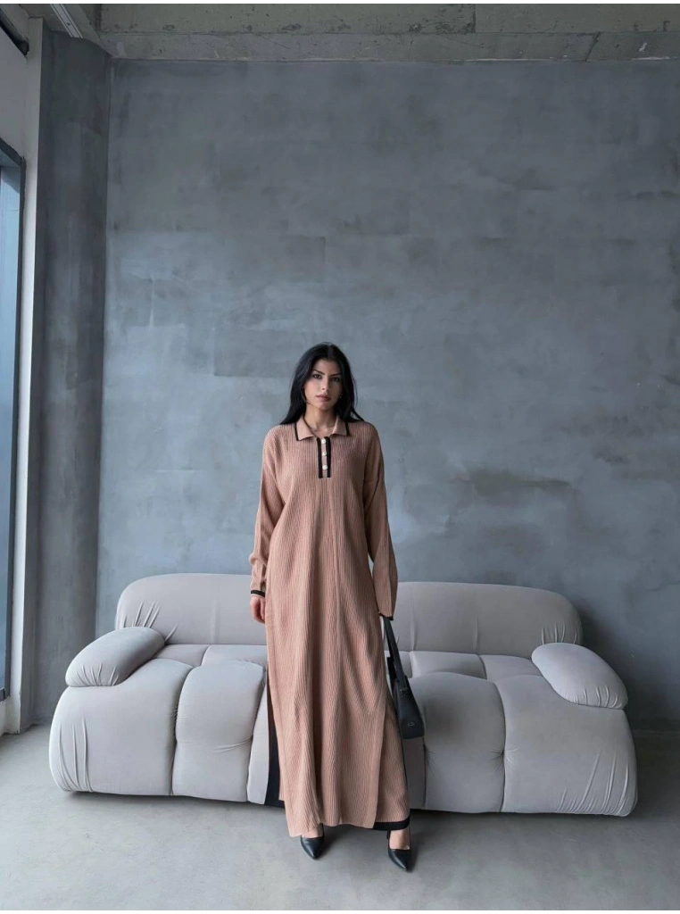 Pantolon yırtmaçlı elbise ikili triko takım vizon elf