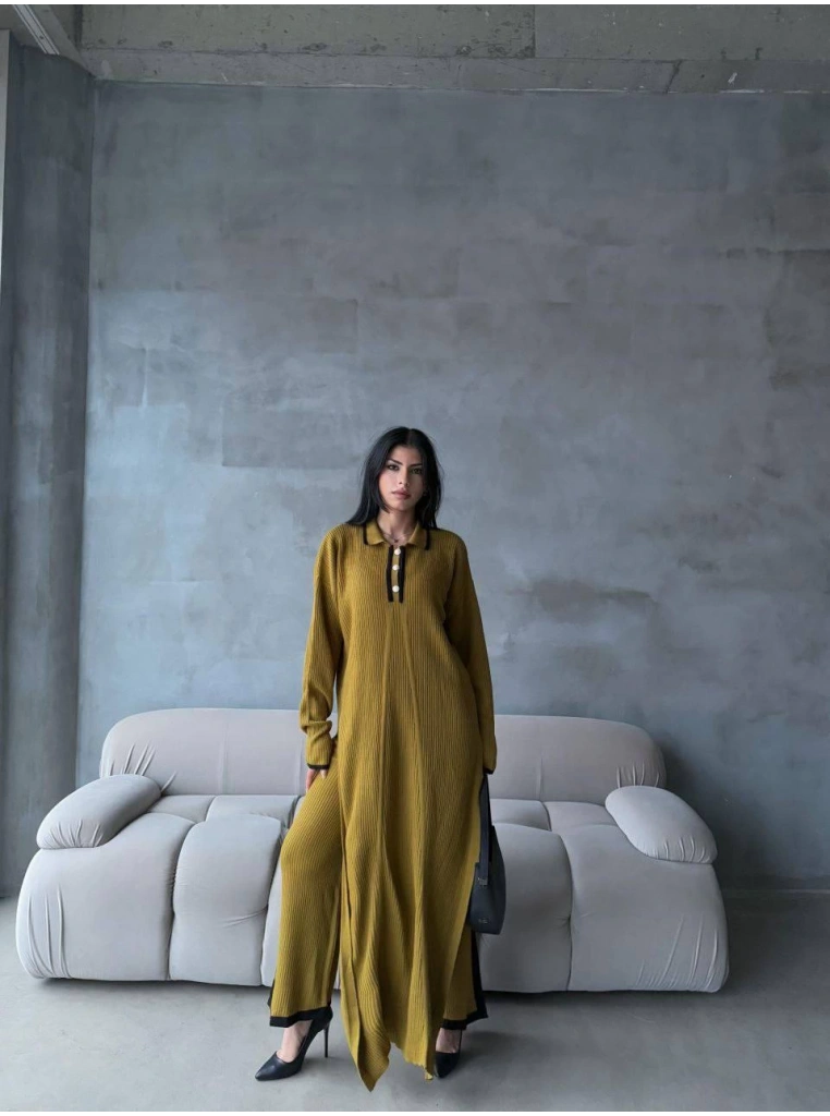 Pantolon yırtmaçlı elbise ikili triko takım yeşil elf