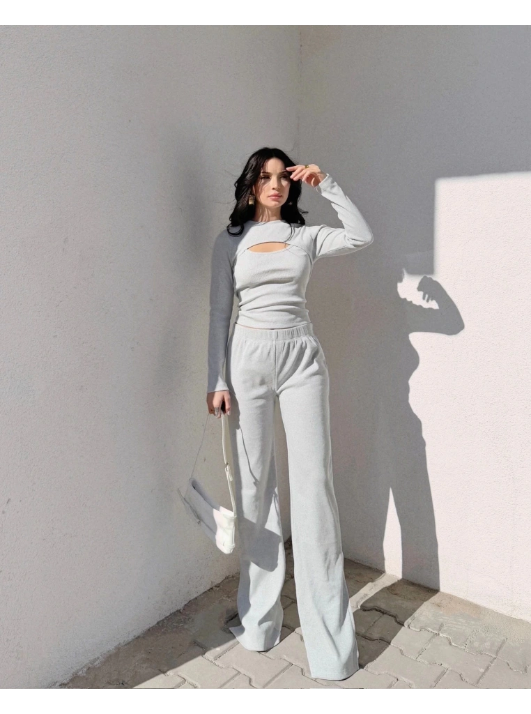 Pencereli detaylı alt üst takım gri w3864