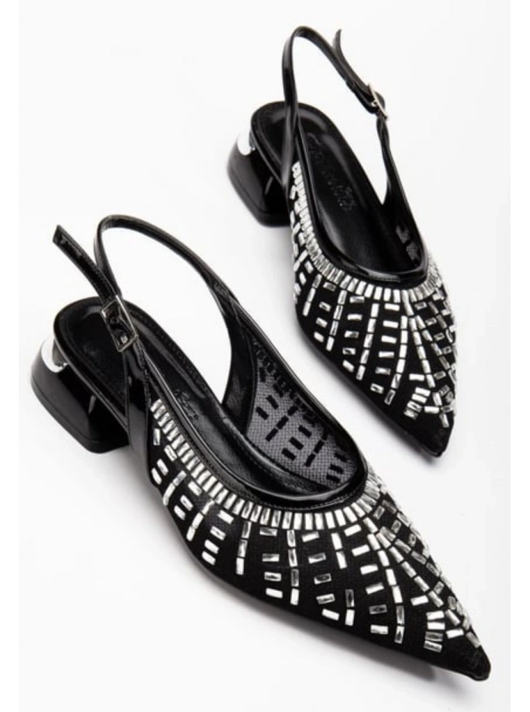 Piyar Siyah Taşlı Topuklu Ayakkabı