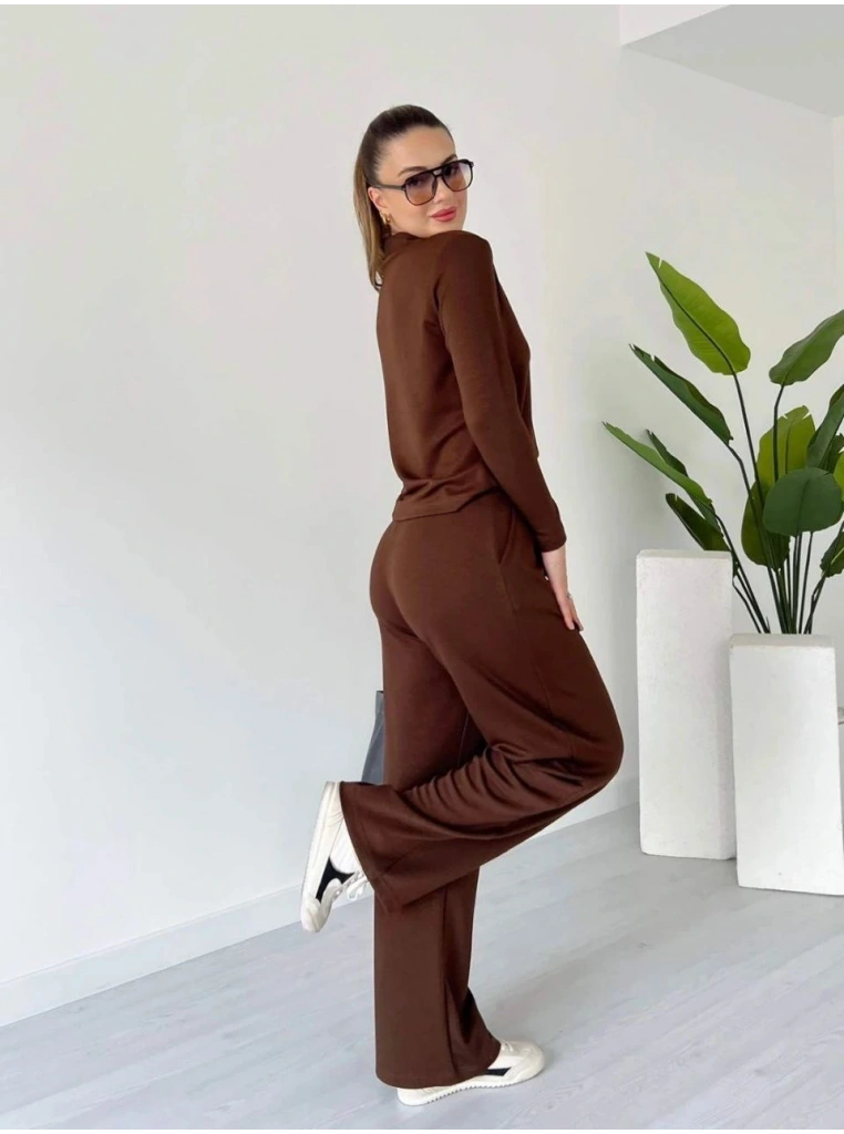 Polo yaka alt üst kollu modal takım kahve pt