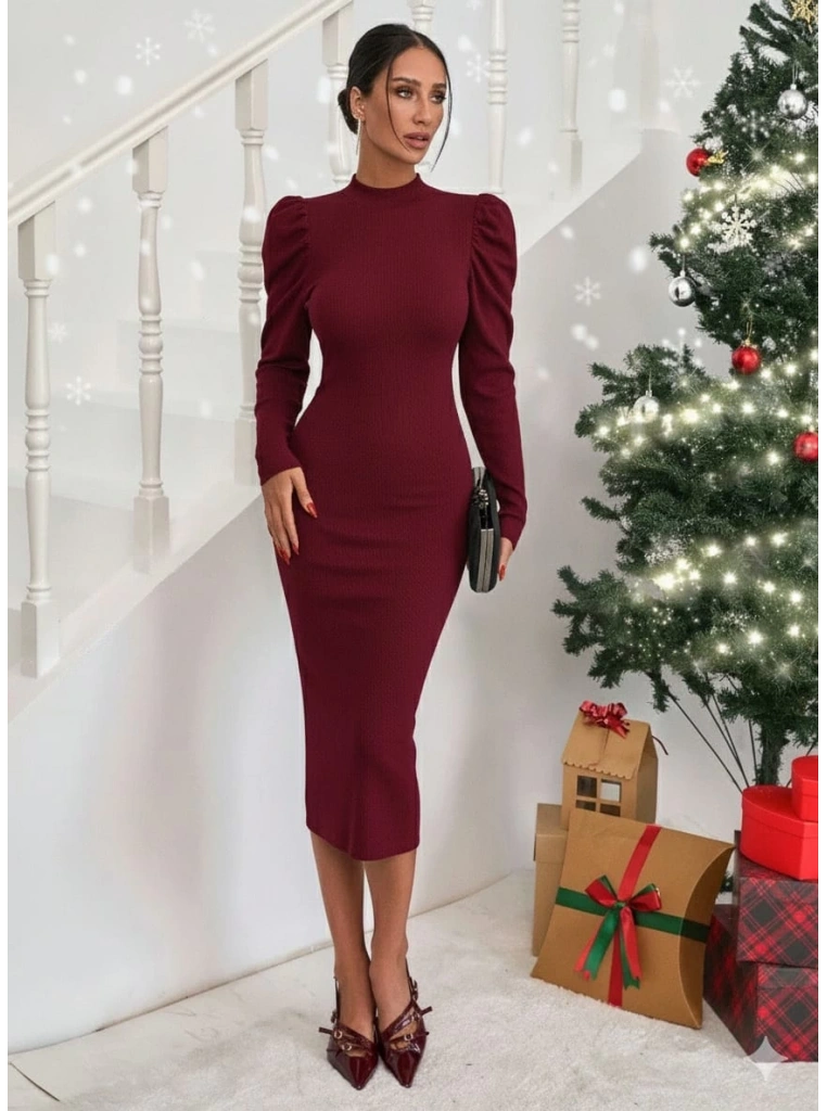 Prenses kol kaşkorse elbise bordo a3691