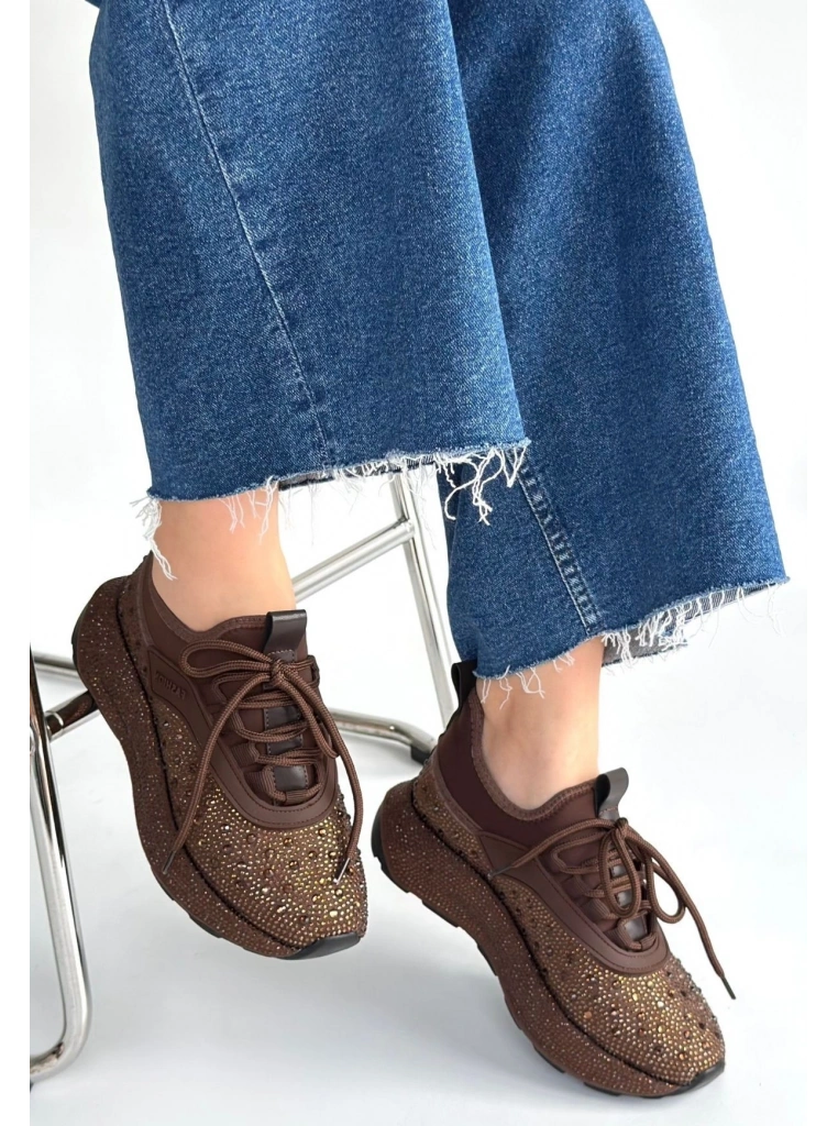 Rimay Kahverengi Cilt Boncuk İşlemeli Spor Ayakkabı