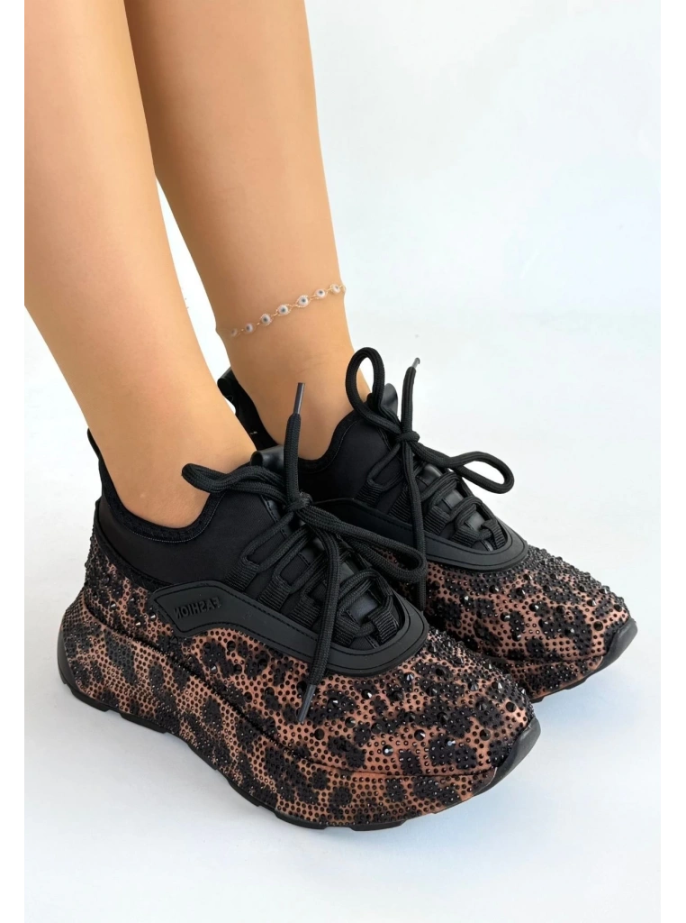 Rimay Kahverengi Cilt Boncuk İşlemeli Spor Ayakkabı