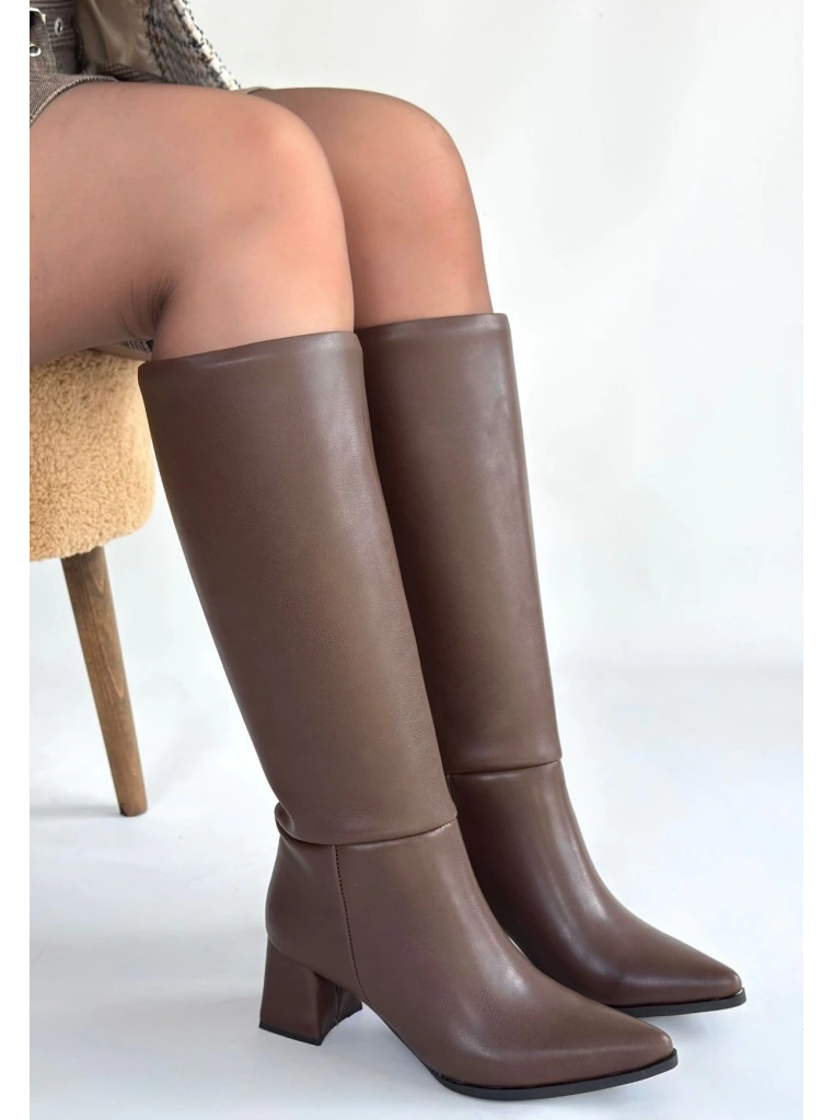 Roksa Acı Kahvei Cilt Topuklu Çizme