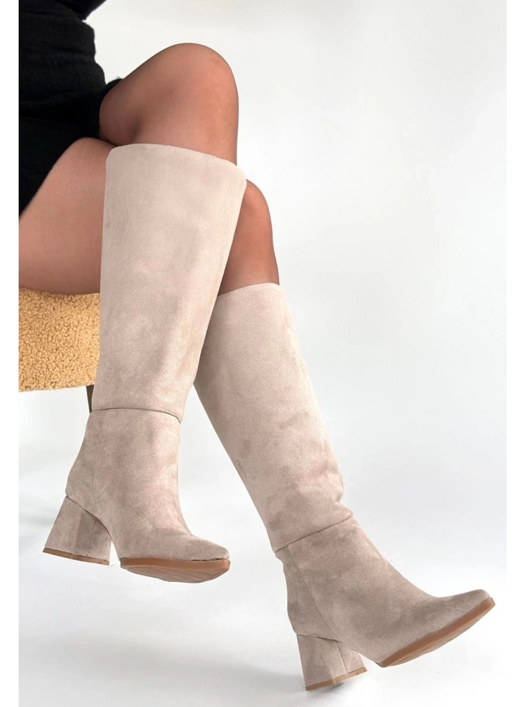 Roksa Bej Süet Topuklu Çizme