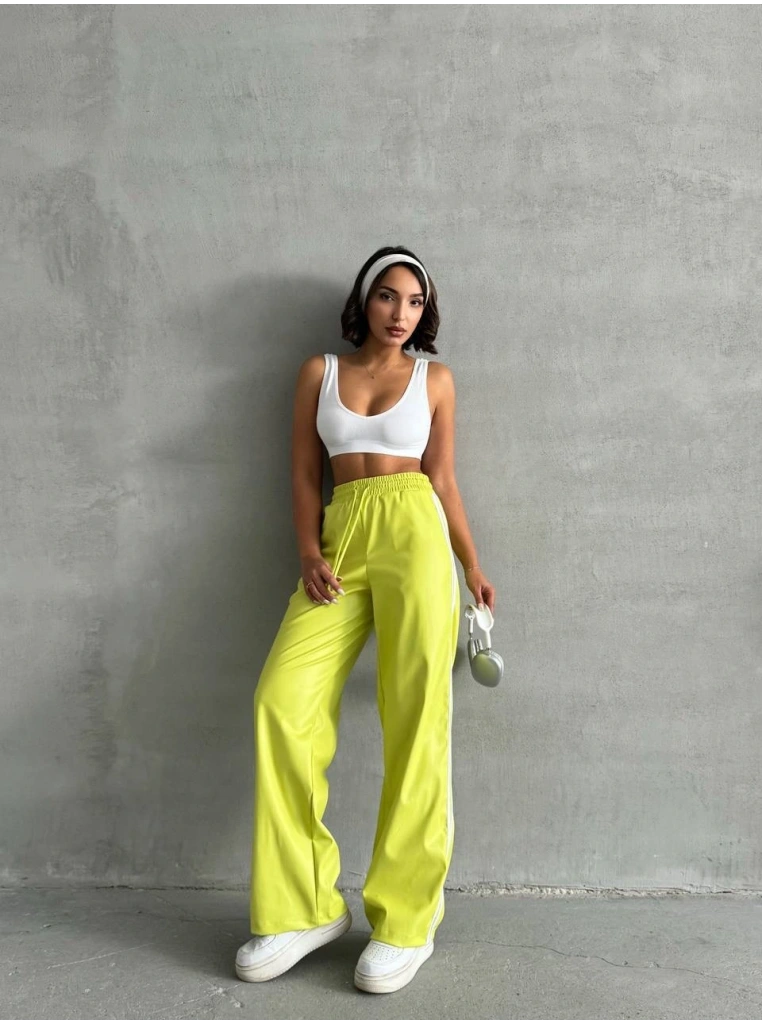 Şeritli deri pantolon yeşil h26430