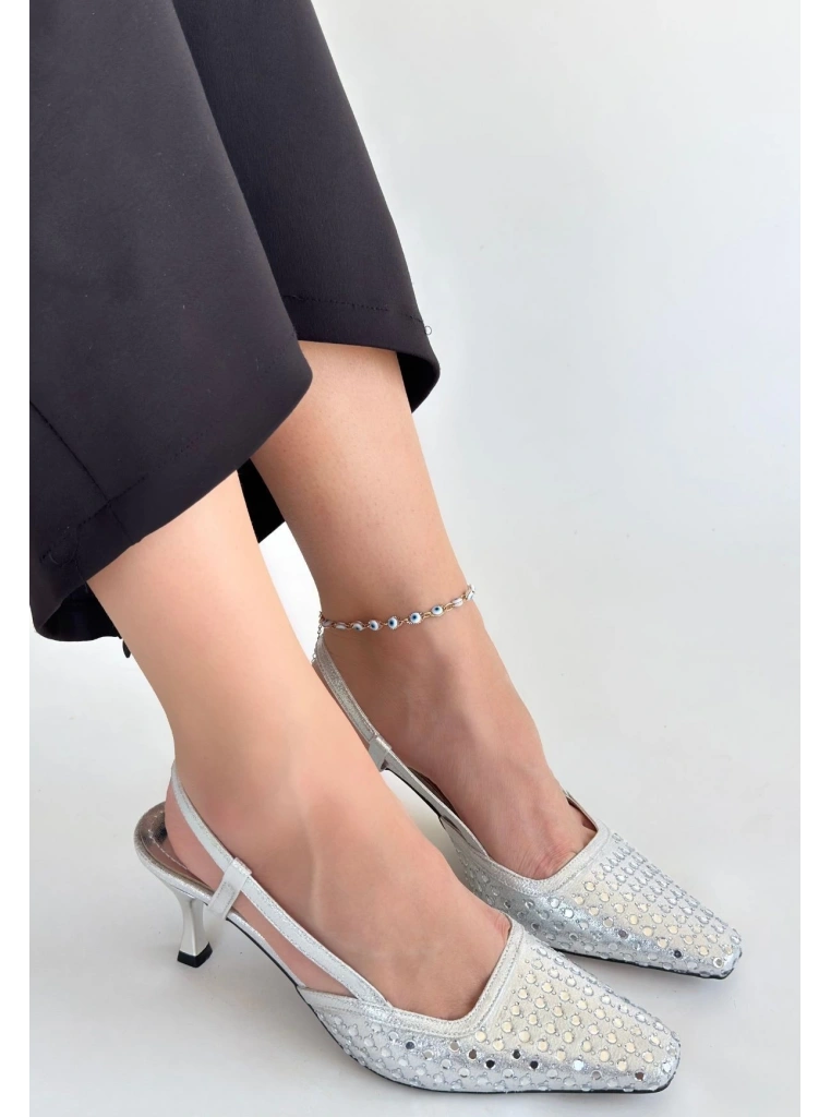 Sione Gümüş Cilt Topuklu Ayakkabı