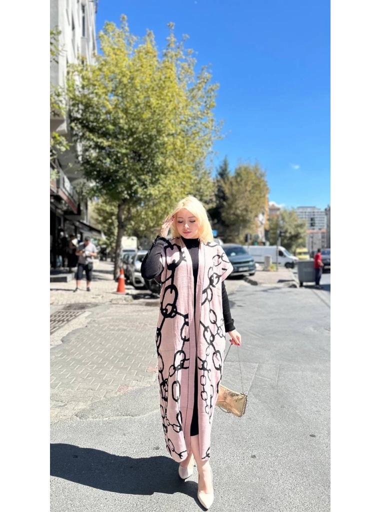 Siyah çizgi desenli elbiseli hırka takım pudra siyah