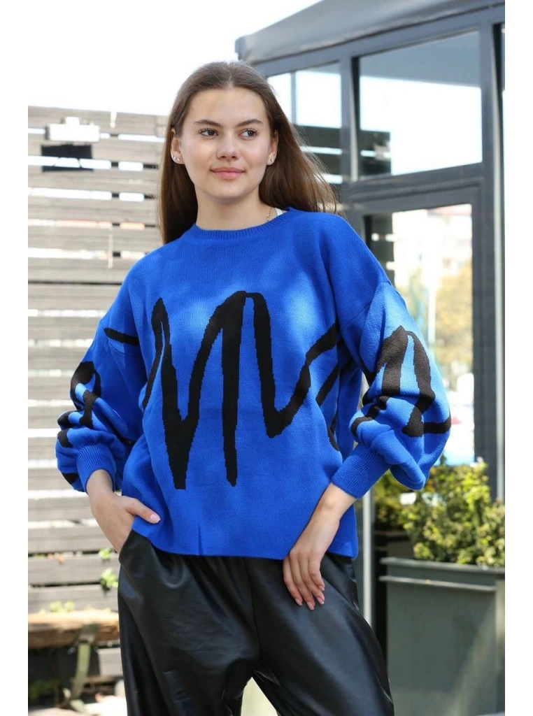 Siyah çizgili bisiklet yaka kazak Saks