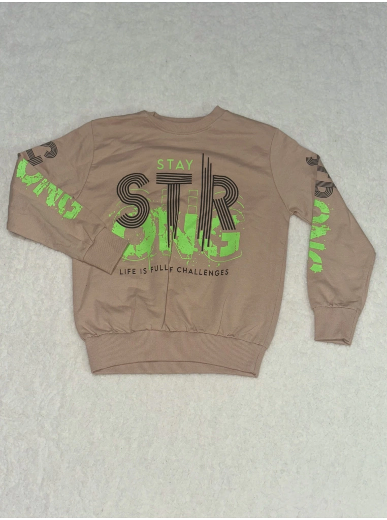 Sty yeşil siyah yazı baskılı bisiklet yaka erkek çocuk sweatshirt vizon