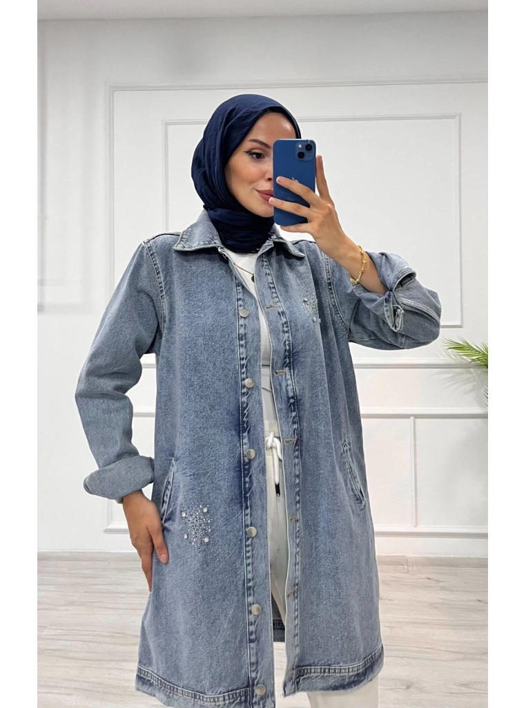 Taşlı tunik ceket kar yıkama orta mavi d2516