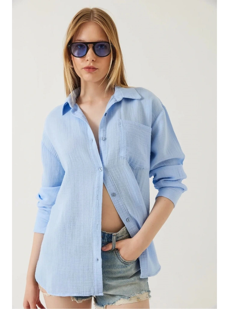 Tek cepli müslin gömlek mavi pt