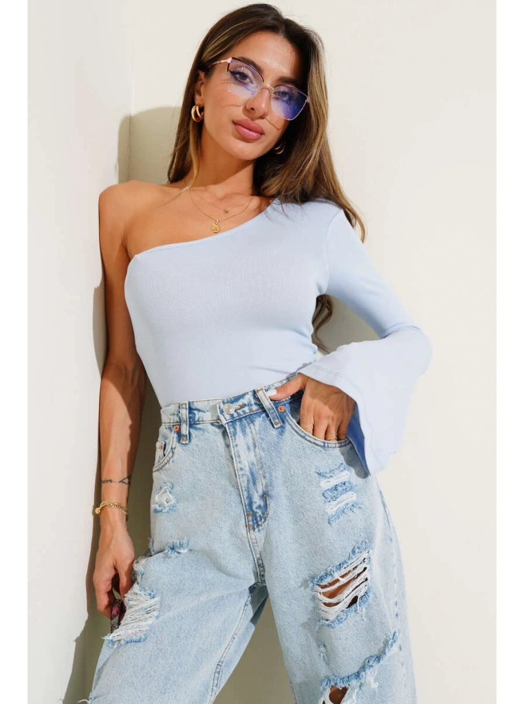 Tek Omuzlu Basic Bluz Mavi T4275