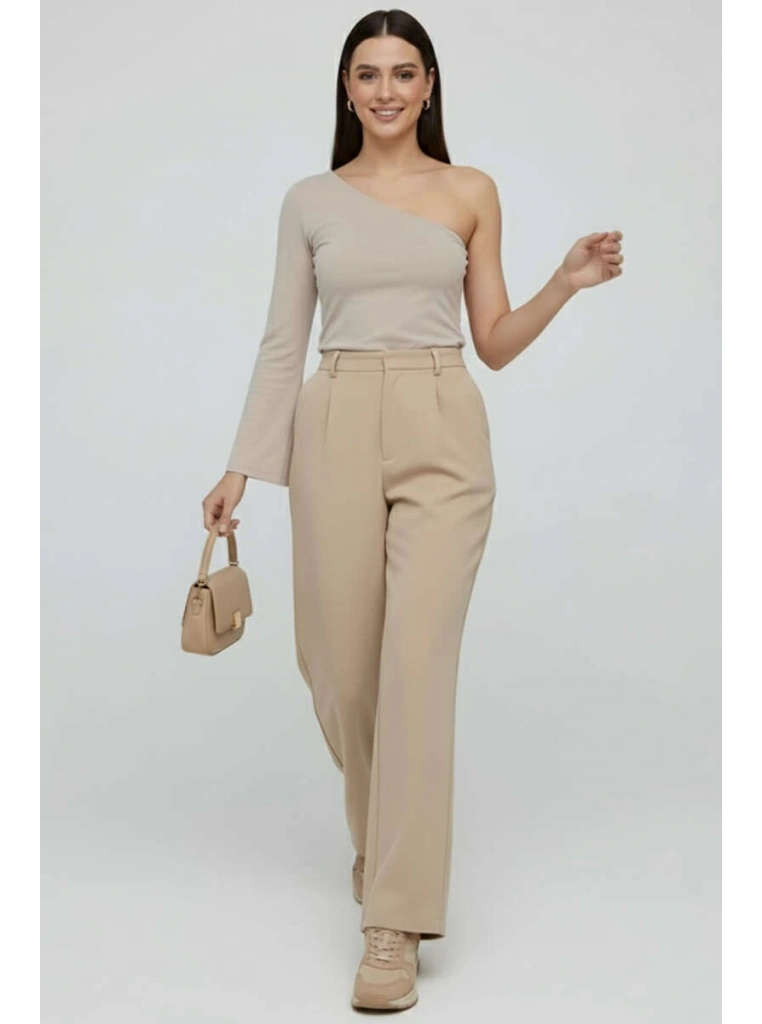 Tek Omuzlu Basic Bluz Vizon T4275