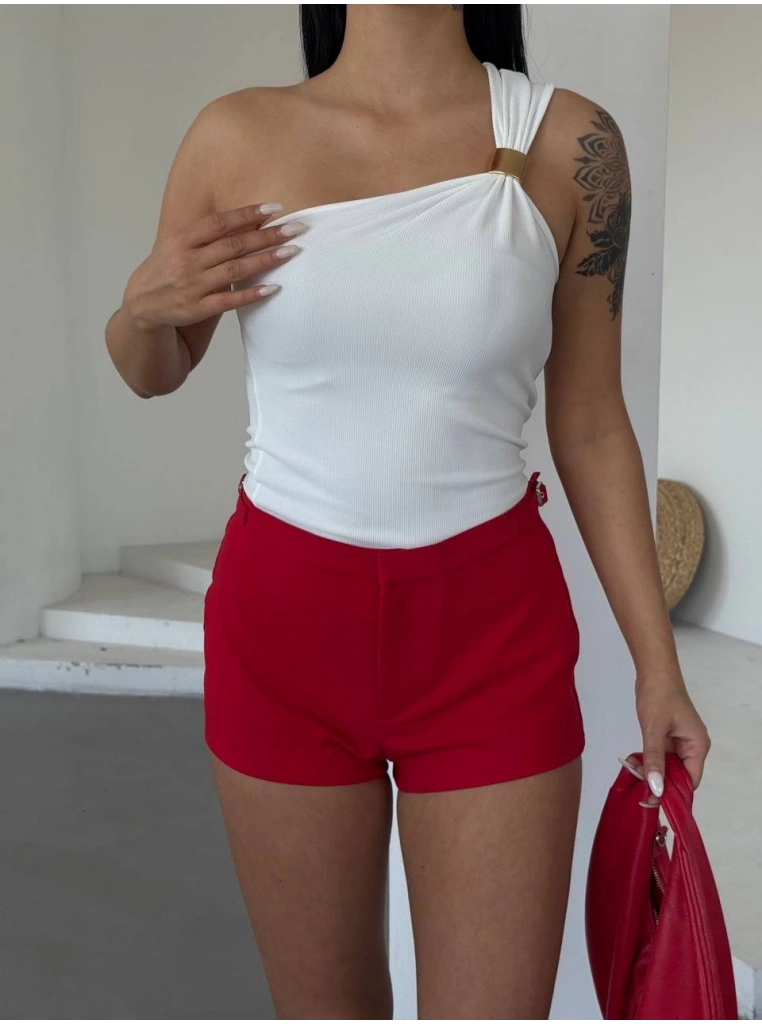 Tek omuzlu Otoman kumaş gold metal detaylı bluz s2311