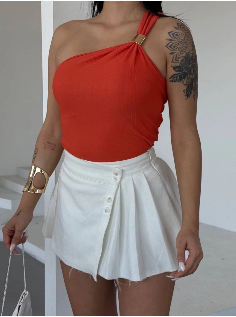 Tek omuzlu Otoman kumaş gold metal detaylı bluz s2311