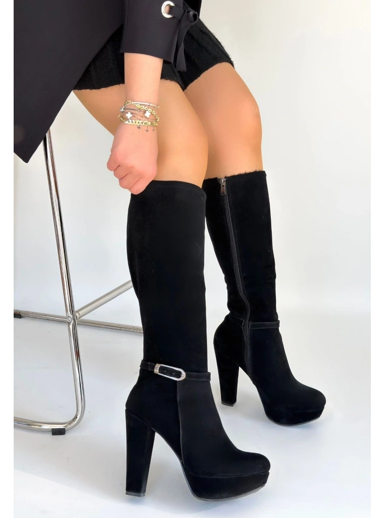 Tekja Siyah Süet Topuklu Çizme