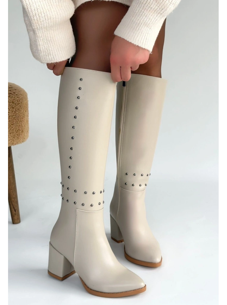 Tiyan Bej Cilt Topuklu Çizme